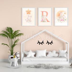 تابلو اتاق کودک فانتزی سه تکه طرح خرگوش با حرف R دیواری