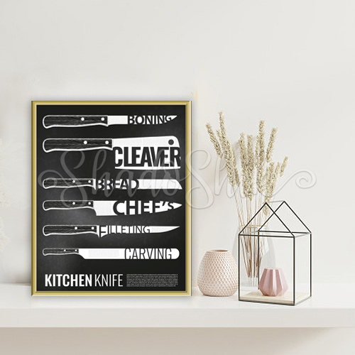 تابلو آشپزخانه خطاطی مدرن طرح KITCHEN KNIFE سیاه و سفید
