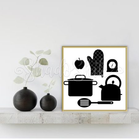 تابلو آشپزخانه فانتزی طرح سیاه و سفید لوازم آشپزی دیواری