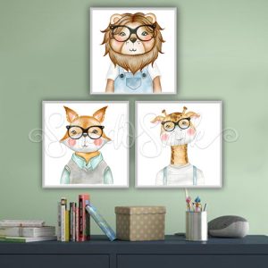تابلو اتاق کودک فانتزی سه تکه طرح حیوانات عینکی با قاب های متنوع