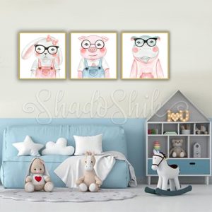 تابلو اتاق کودک فانتزی سه تکه طرح خرگوش عینکی با رنگبندی جذاب