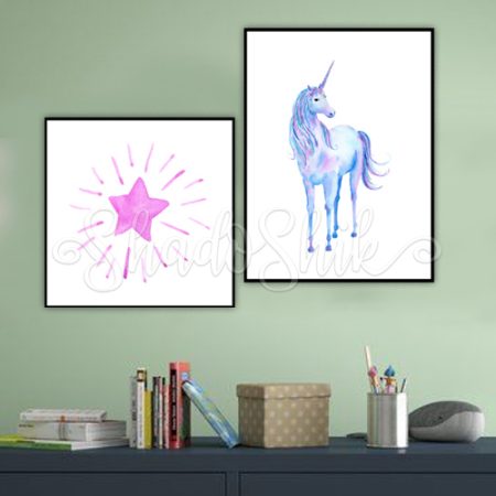 تابلو اتاق کودک فانتزی دو تکه طرح ستاره و اسب تک شاخ با قاب های متنوع