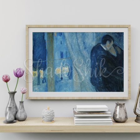 تابلو پذیرایی کلاسیک نقاشی اثر ادوارد مونش طرح بوسه از پنجره با رنگ آبی