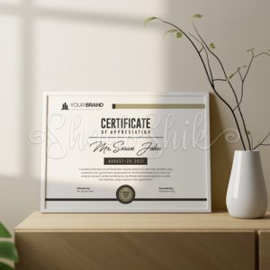 تابلو گواهینامه و تقدیرنامه طرح سفید با بج خاکستری رومیزی
