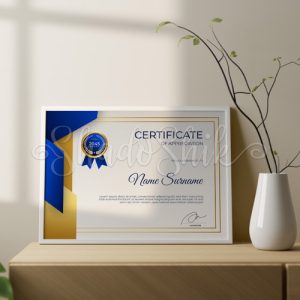 تابلو گواهینامه و تقدیرنامه طرح سفید و آبی با بج رومیزی