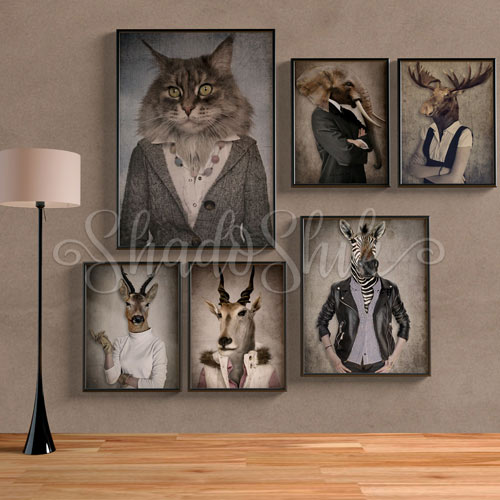 تابلو دفتر کار مدرن چند تکه طرح انسان و حیوان گربه دیواری